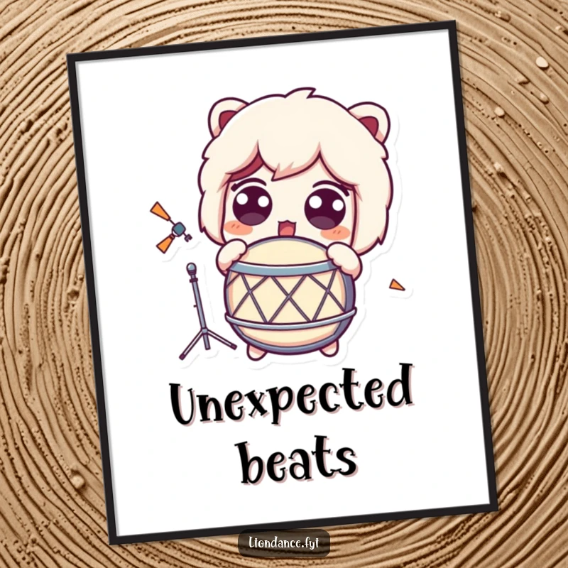 Funny Digital Art Print of a character with wide, surprised eyes, startled by a loud drum.