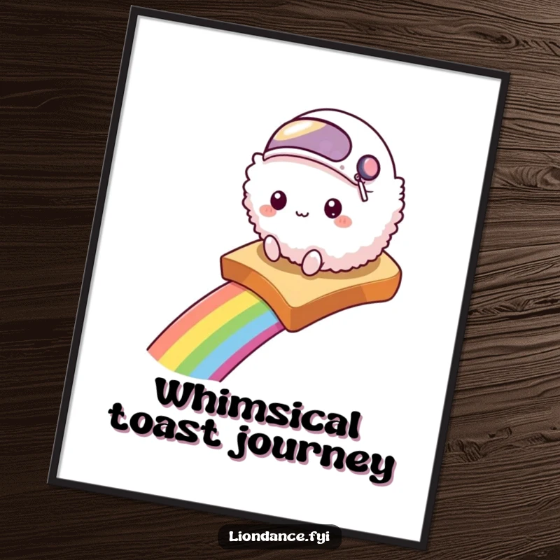 Funny digital art print of a fluffy creature in a helmet sliding down a rainbow on toast, radiating whimsy.