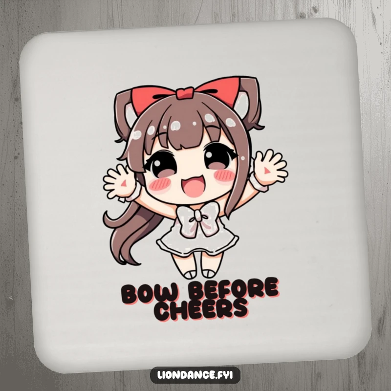 Funny Drink Coaster featuring a character performing an exaggerated, joyful bow, adding humor to tabletops.