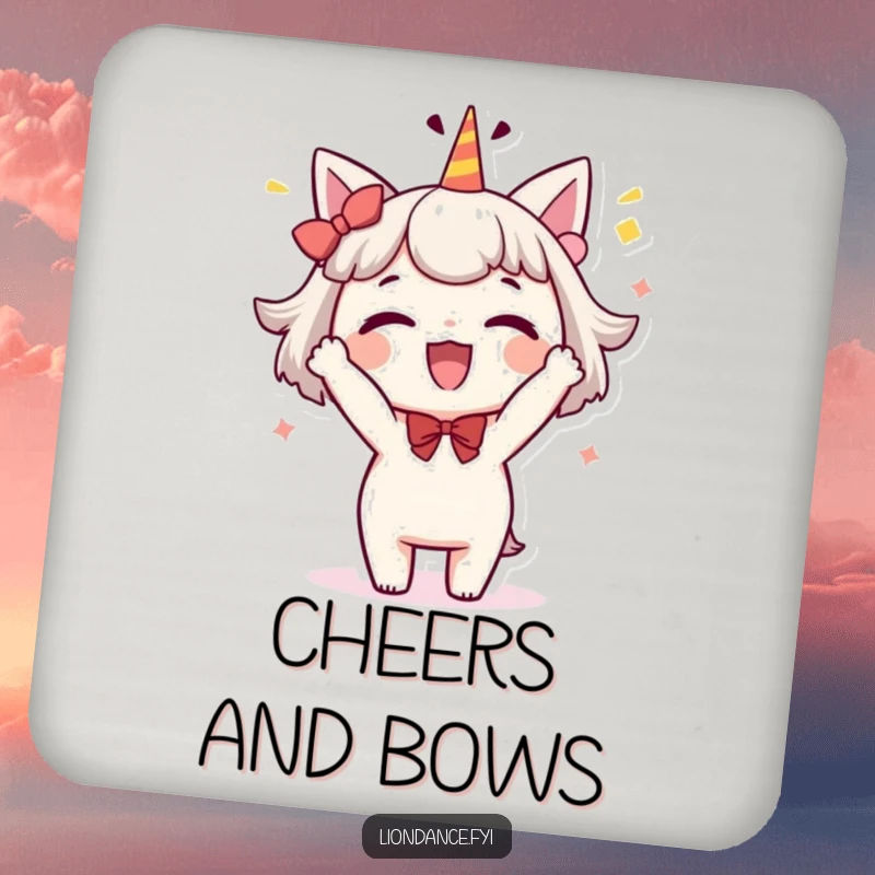 Funny drink coaster featuring a delighted character performing a whimsical, celebratory bow, perfect for protecting surfaces with charming humor.