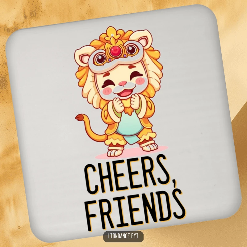 Funny drink coasters showcasing a joyful performer in a lion costume bowing, adding a humorous touch to beverage service.