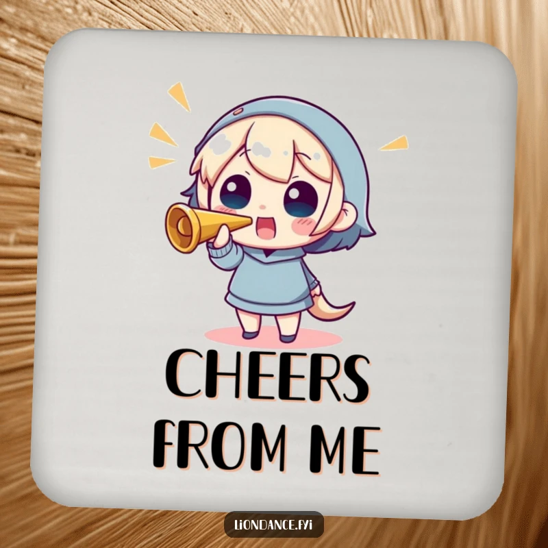 Funny drink coaster featuring a character blowing a horn, adding a touch of musical cheer to beverage service.