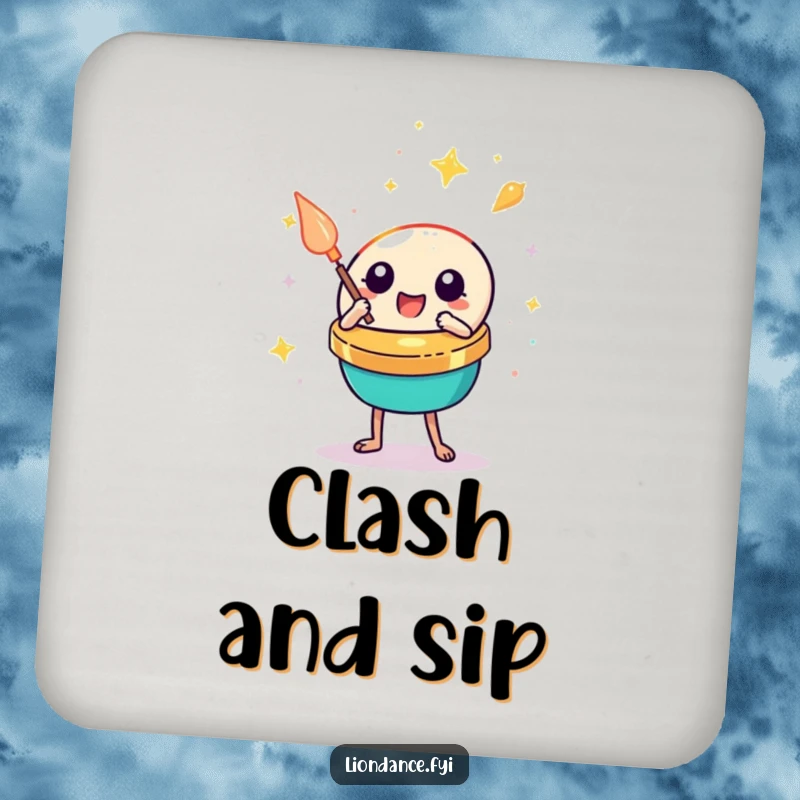 Funny cymbal clash drink coaster showing a cute percussion prop clashing with festive energy, protecting surfaces with humor.