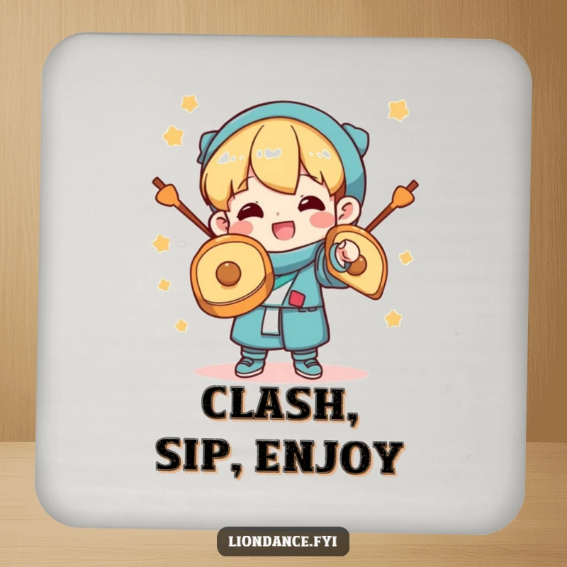 Funny Drink Coaster: A character grinning while clashing cymbals, protecting surfaces with celebratory charm and joyful expression. Adds humor to any setting.