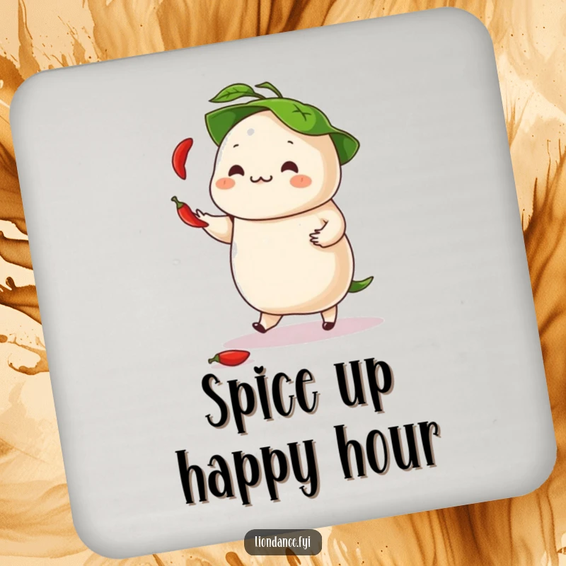 Funny drink coaster depicting a dancing dumpling juggling chili peppers with its leafy hat, a spicy protector.