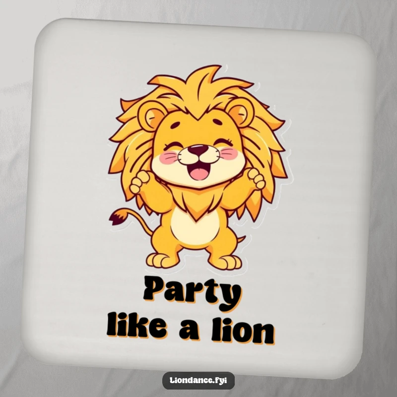 Funny drink coaster featuring a laughing cartoon character striking a pose inside a minimalist lion design, protecting furniture with humor.