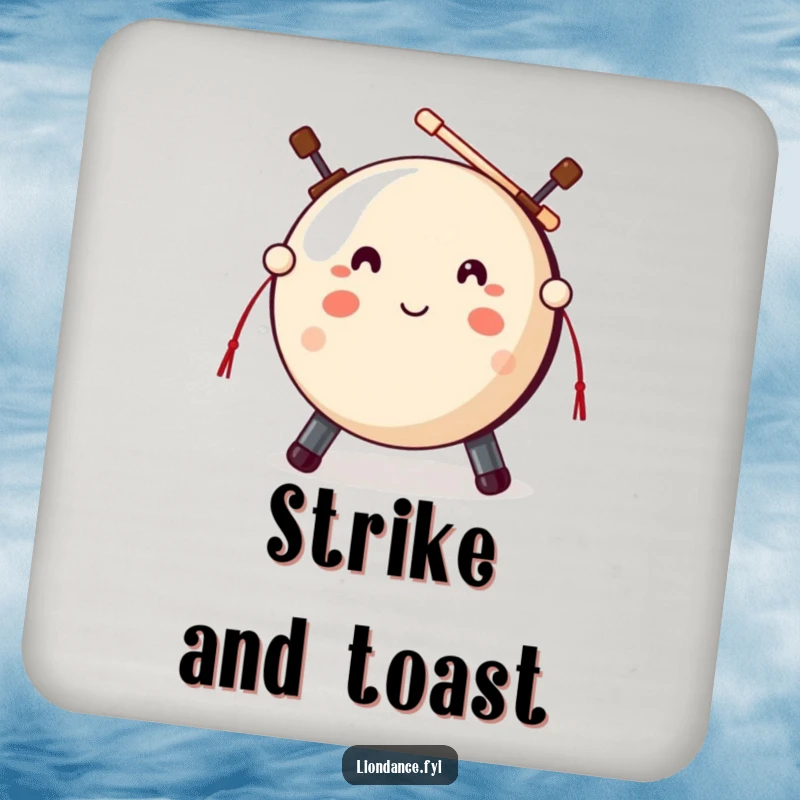 Funny gong mallet coaster depicting a cute gong prop with mallets ready to strike, adding humorous protection.