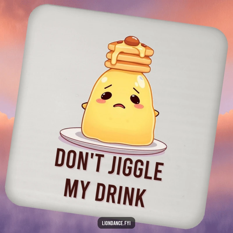 Funny Jelly Pancake Coaster with a bewildered blob of jelly attempting to balance a stack of pancakes on its head.