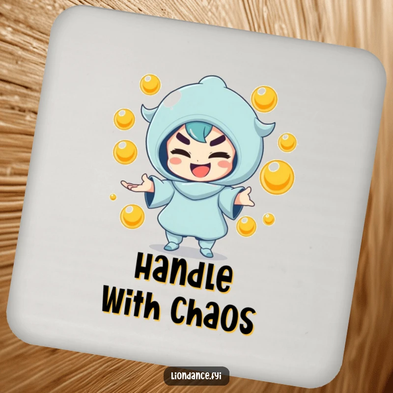 Funny drink coaster with a mischievous character juggling golden orbs, adding playful decor. Ideal funny gift.