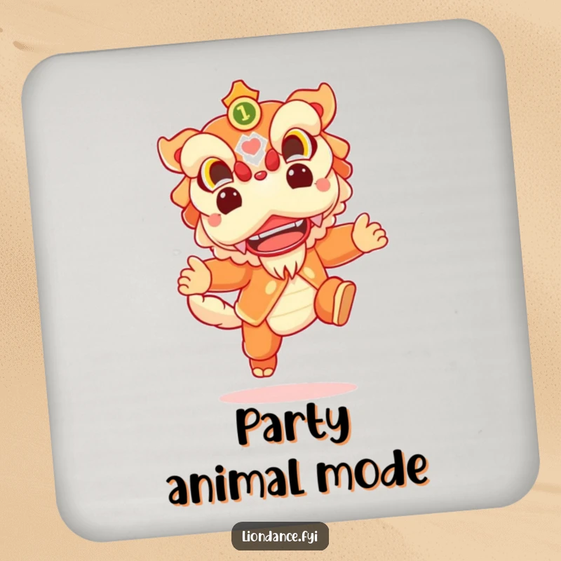 Funny drink coaster featuring a cheerful lion dance character leaping joyfully, adding festive spirit and protecting surfaces.