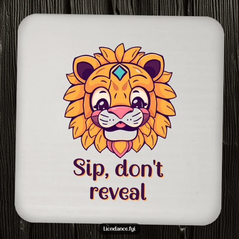 Funny lion mask coaster with a smiling character peeking from behind the mask, a cute and humorous drink accessory.