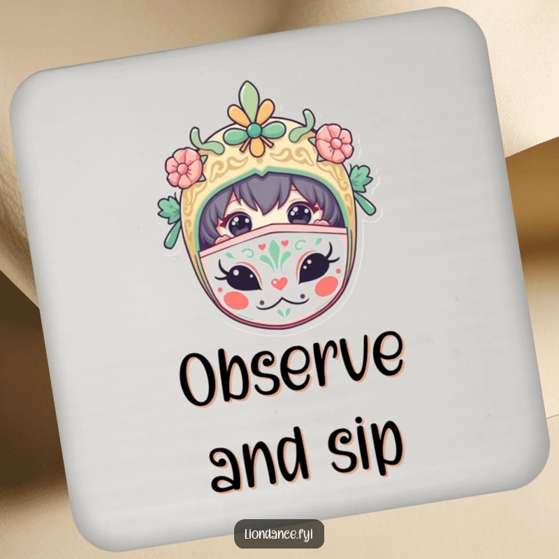 Funny drink coaster featuring a curious character peeking from a decorated mask, perfect for protecting surfaces with humor.