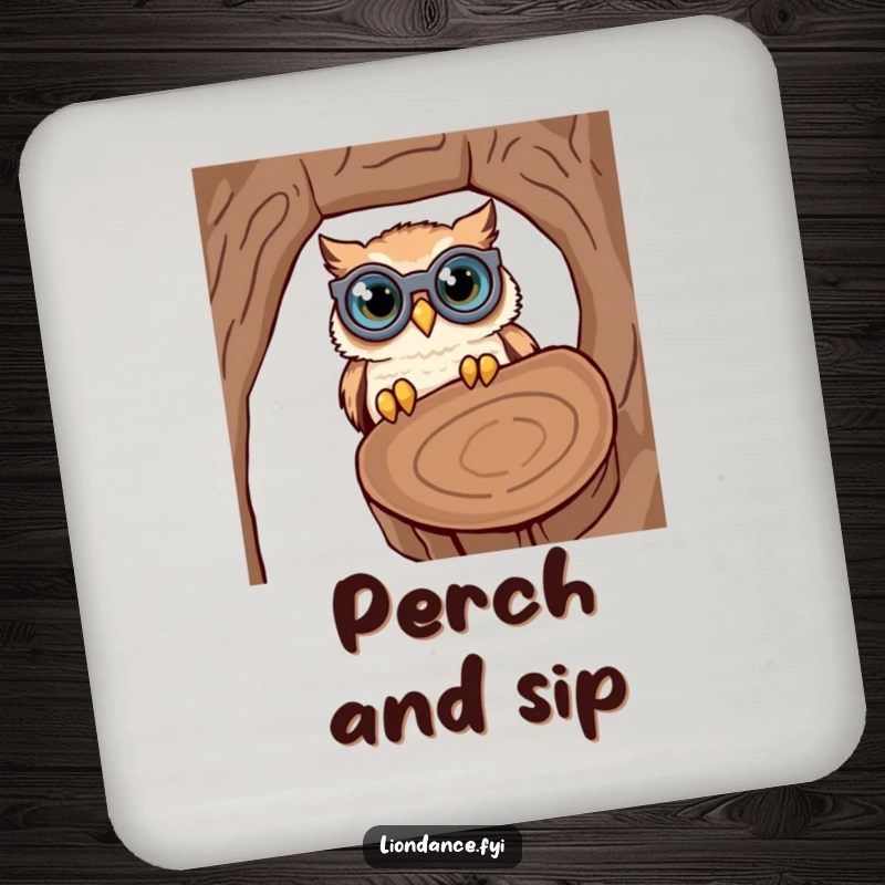 Funny drink coaster featuring a cute owl with oversized binoculars, comically looking into a log, protecting surfaces humorously.