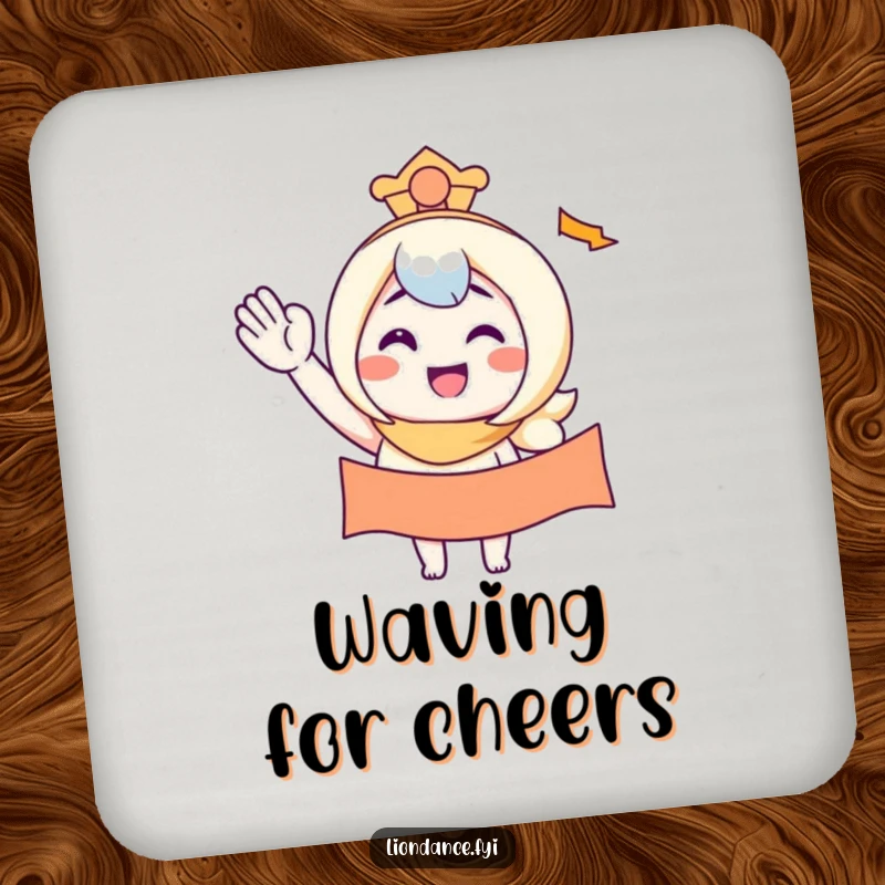 Funny drink coaster with a character smiling while waving a banner, protecting surfaces with cheerful humor.