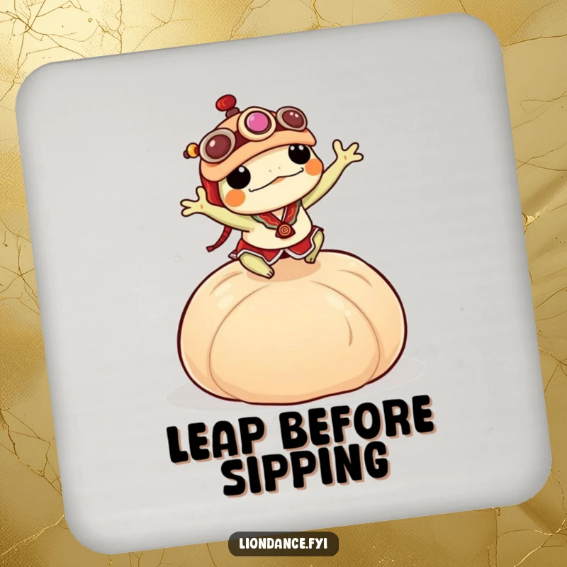 Funny frog in a lion dance costume mid-jump over a giant dumpling, displayed on a protective drink coaster.