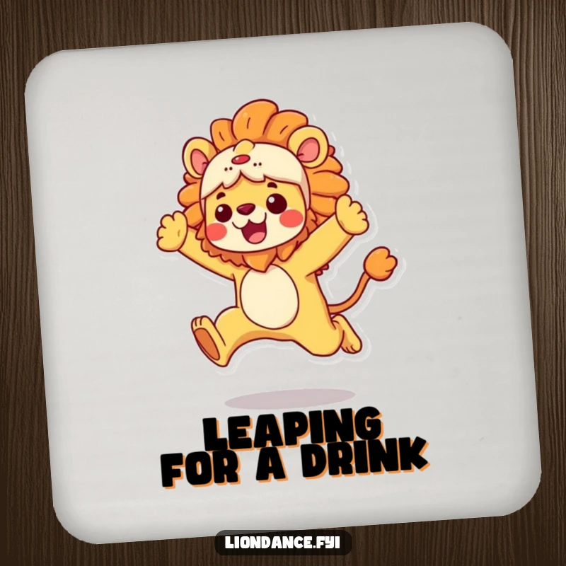 Funny Drink Coasters showcasing a character in a vibrant lion costume making an energetic leap, stylish and protective, a charming funny gift.