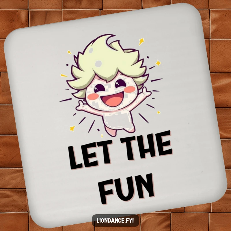 Funny drink coaster featuring a smiling character bursting with energetic movement, perfect for protecting surfaces with vibrant humor.