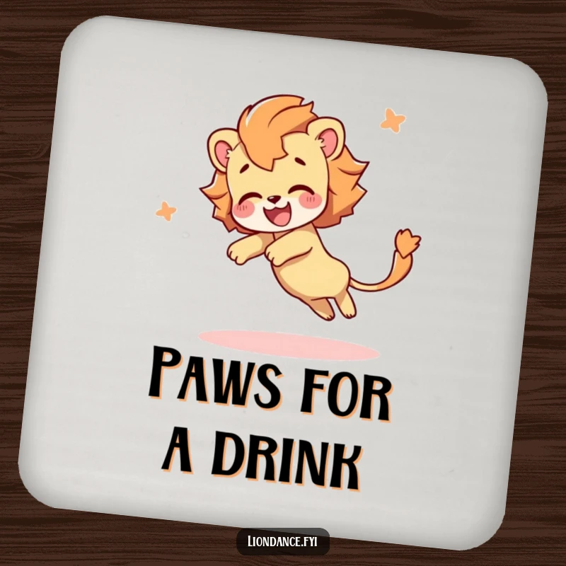 Funny drink coaster depicting a delighted character tumbling, their lion's tail flowing, protecting surfaces with a touch of whimsical humor.