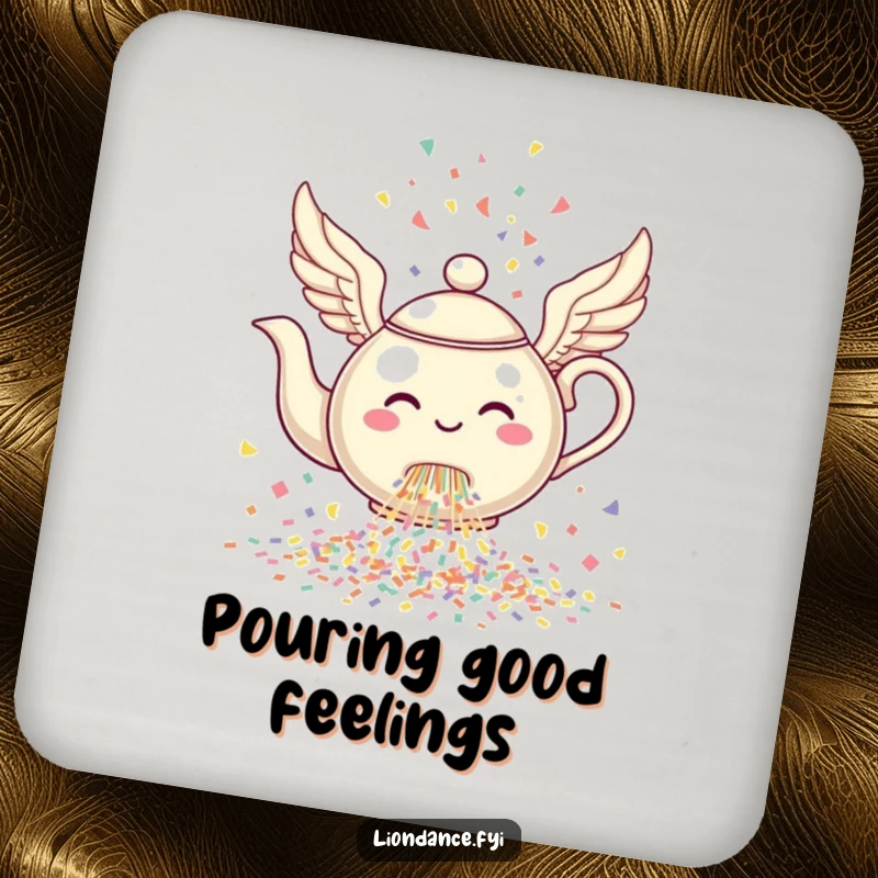 Funny Winged Teapot Coaster with a cheerful, winged teapot pouring a cascade of confetti.