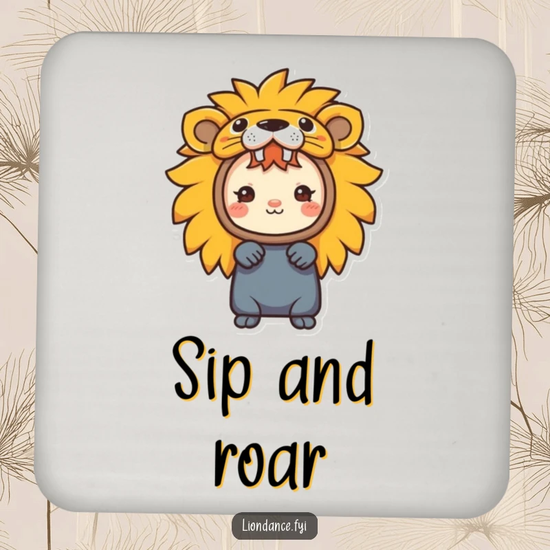 Funny drink coaster showing a character peeking from a colorful lion head costume, a playful and humorous item.