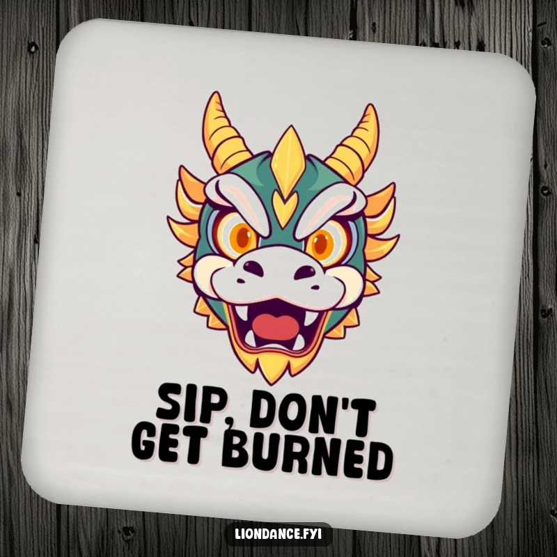 Funny drink coasters showcasing a cute dragon mask with glowing eyes roaring playfully, designed for surface protection with fierce humor.