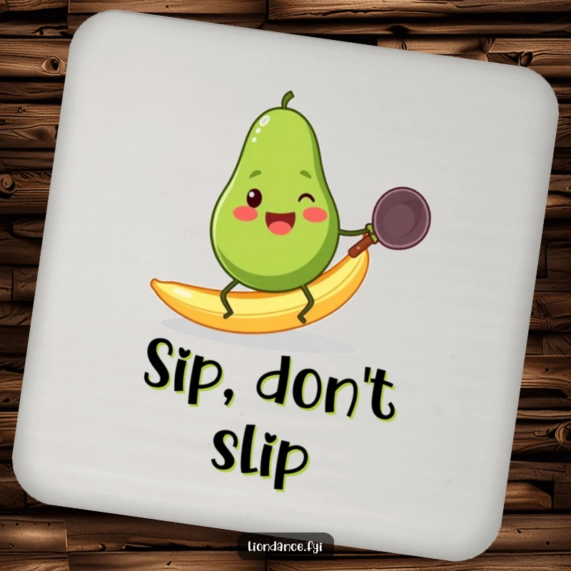 Funny avocado with tiny legs slipping on a banana peel while holding a wok, displayed on a drink coaster.