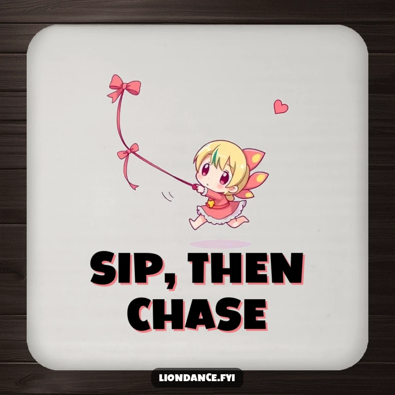 Funny drink coaster with a character playfully chasing a dangling ribbon, a whimsical and protective accessory.
