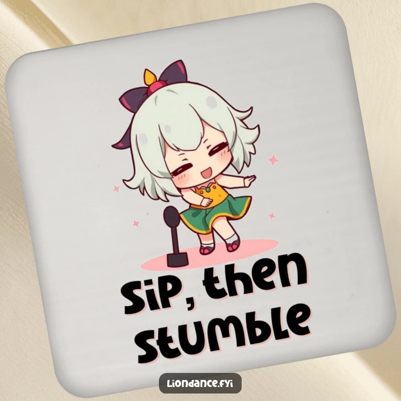 Funny drink coaster illustrating a dancer comically tripping over a prop, a humorous protection for tables.