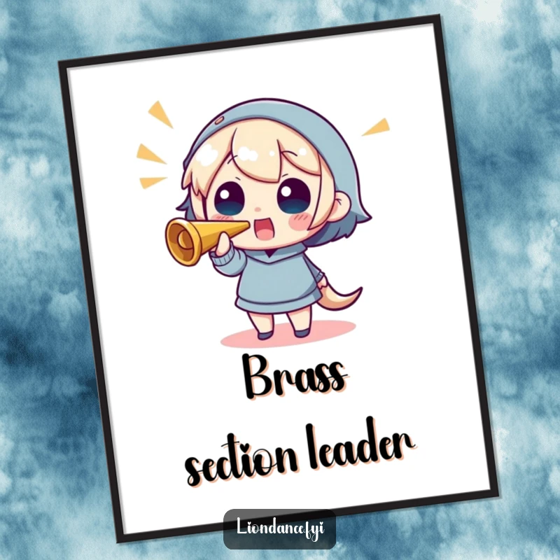 Funny poster artwork of a character blowing a horn, creating a scene of jubilant celebration and cheerful energy.