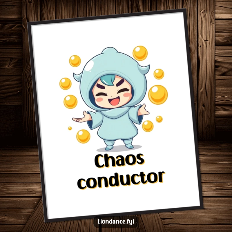 Funny poster featuring a mischievous character juggling golden orbs, adding a playful touch to any room. Ideal funny gift.