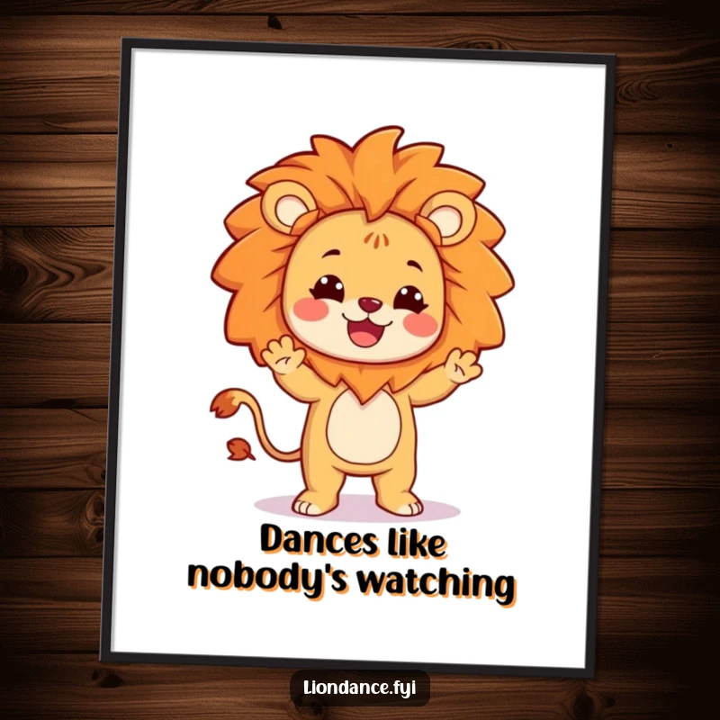 Funny poster art of a character dressed as a lion, performing a joyous and utterly silly dance.