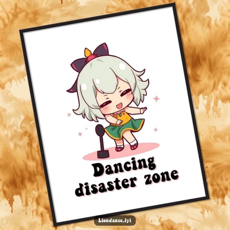 Funny poster of a dancer comically tripping over a prop, a humorous and dynamic depiction of a dance performance hiccup.