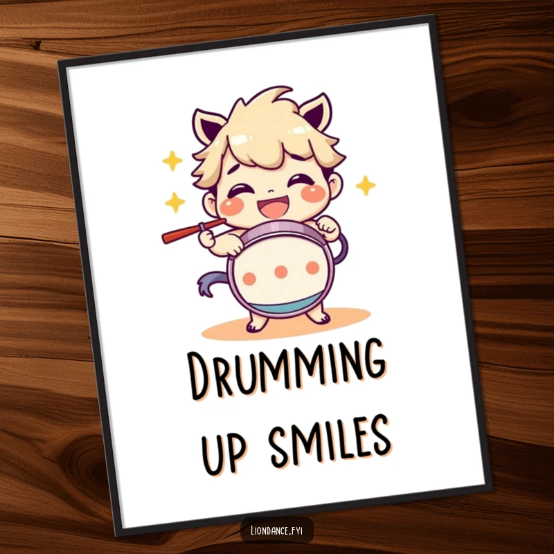 Funny Poster: A character grinning widely while playing a drum, embodying musical joy and energetic fun. Adds a rhythmic and humorous touch.