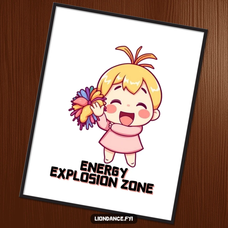 Funny poster art of a character enthusiastically waving a large, colorful pom-pom, radiating pure happiness and excitement.