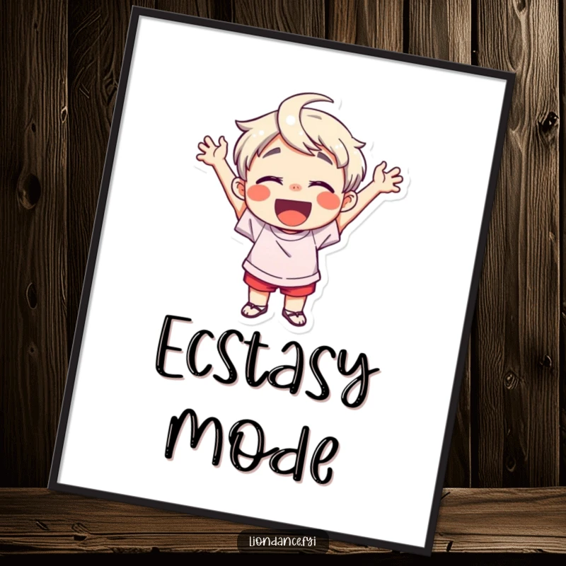 Funny poster featuring a delighted child character cheering enthusiastically, capturing a moment of pure, uninhibited joy and vibrant, happy energy for wall decor.