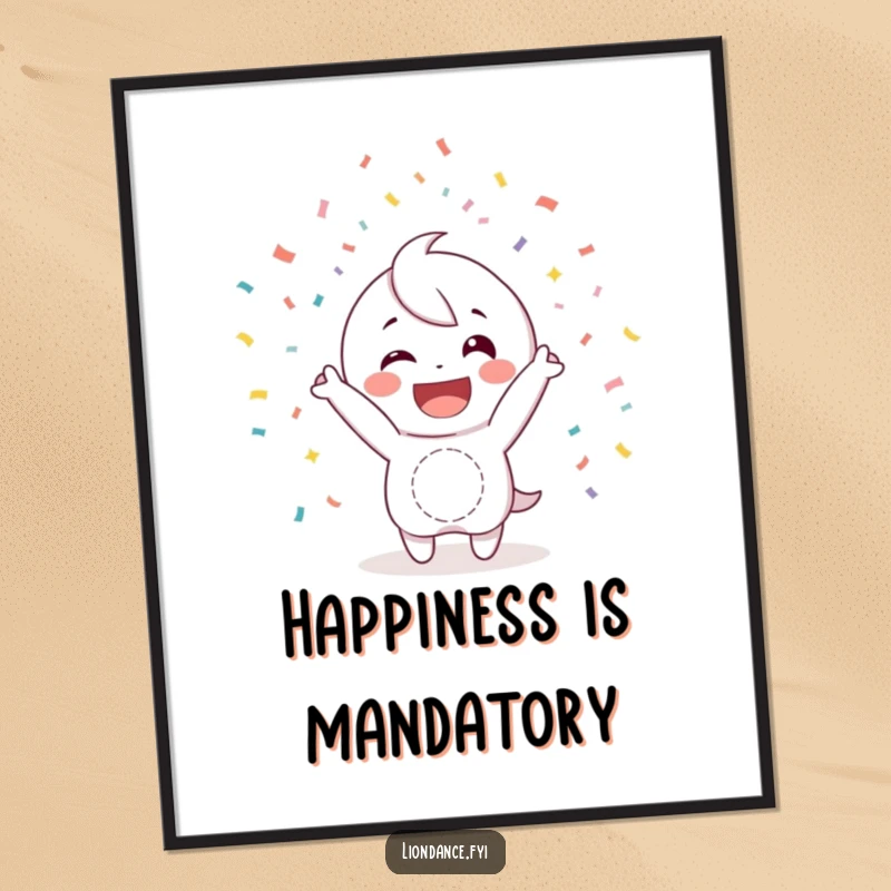 Funny poster displaying a happy character with a wide smile, joyfully tossing confetti, creating a festive and cheerful atmosphere.