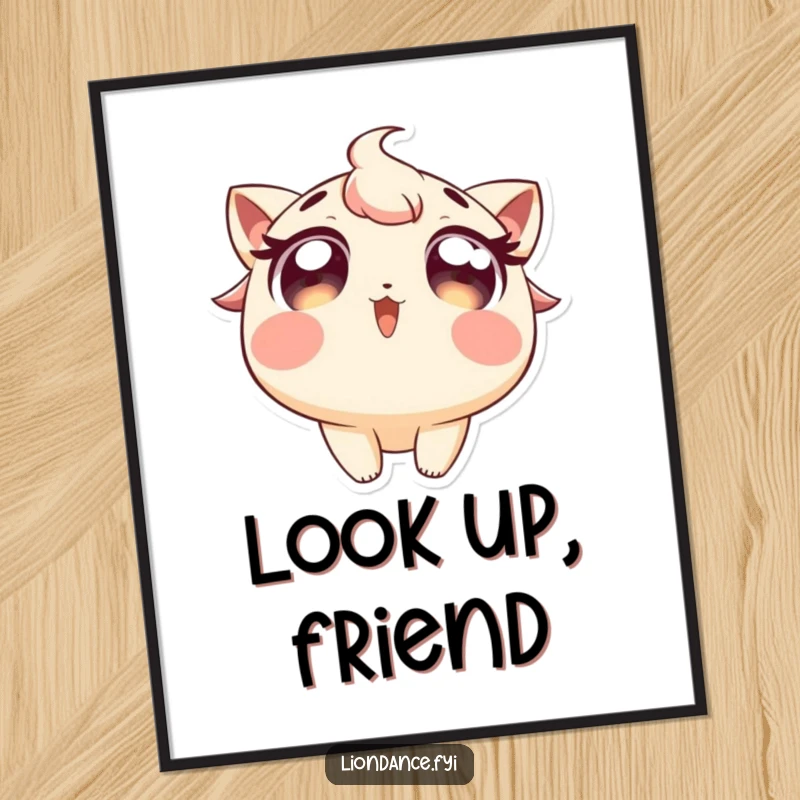 Funny poster featuring a character with wide, excited eyes looking upwards, evoking wonder and delight. Ideal funny gift.