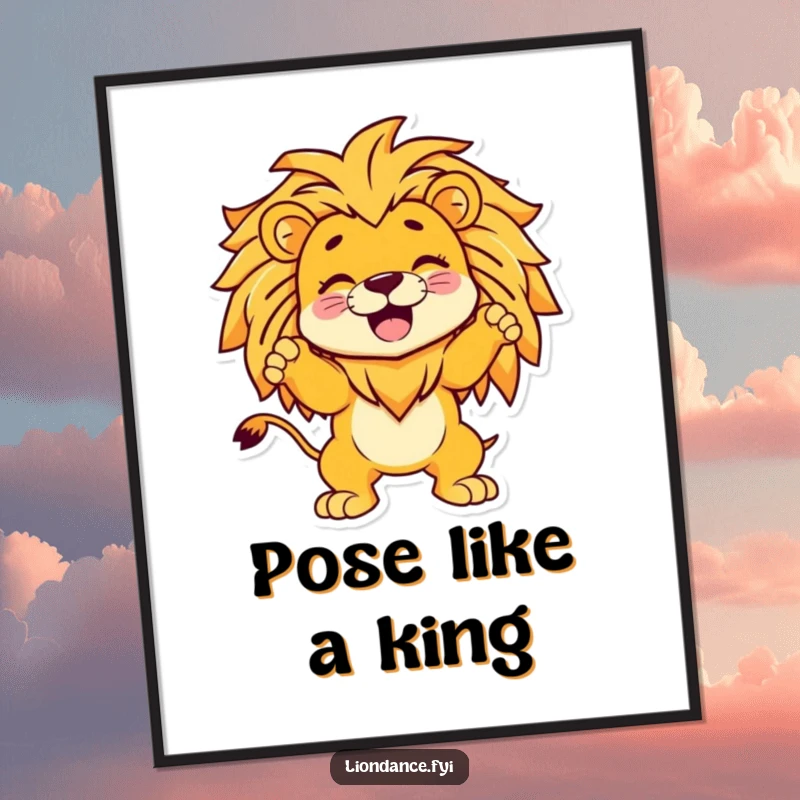 Funny poster art of a giggling cartoon character striking an epic pose within a stylized lion, bringing vibrant humor to walls.
