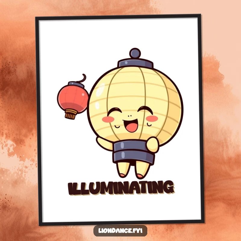 Funny poster featuring a cheerful lantern character gently bobbing with joy, radiating a soft, warm light and a feeling of pure, inviting happiness.