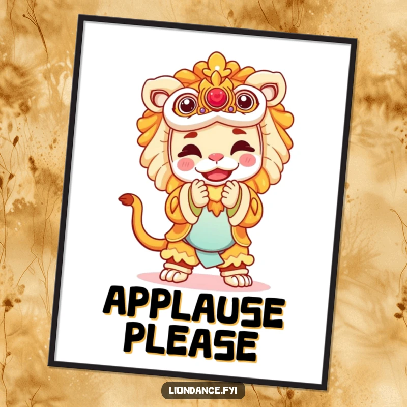 Funny poster of a joyful performer in a majestic lion costume taking a bow, adding a touch of theatrical humor.