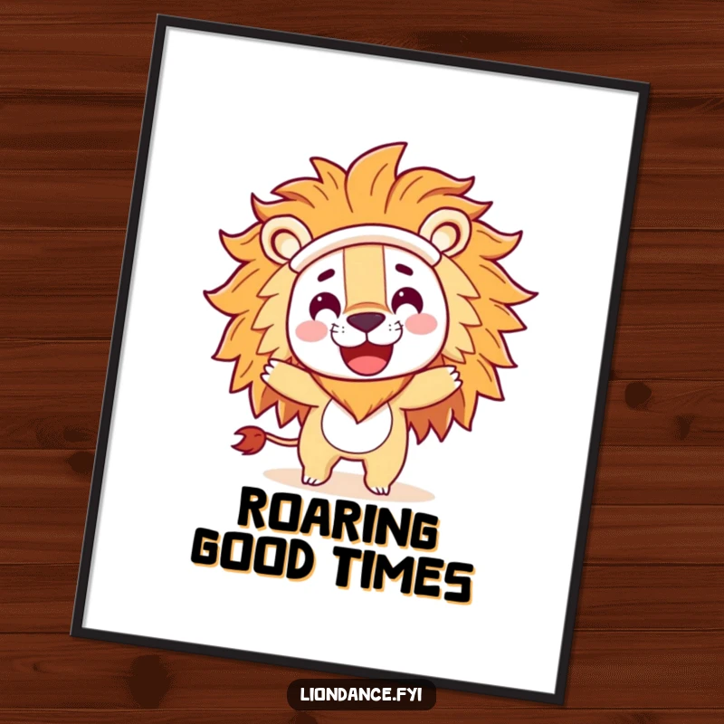 Funny poster featuring a playful character in a large lion costume head doing a happy spin, bringing animated humor to decor.