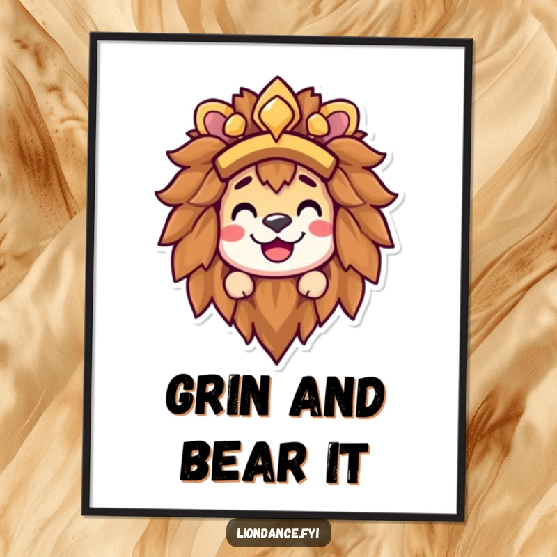 Funny lion headdress poster featuring a happy character peeking out from a lion's mane with a wide, cheeky grin on its face.