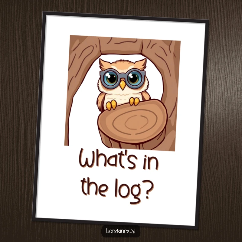 Funny poster of a cute owl wearing oversized binoculars, comically looking into a hollow log, a humorous wildlife art print.