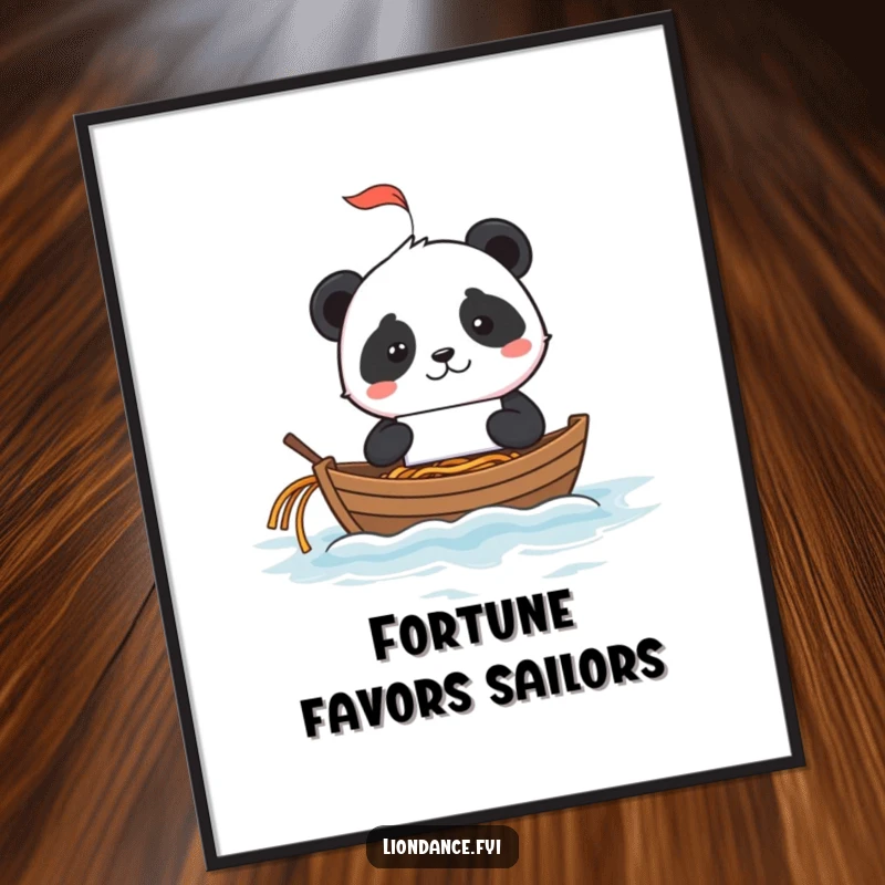 Mischievous panda sailing a fortune cookie boat across an ocean of noodles, printed as vibrant wall art.