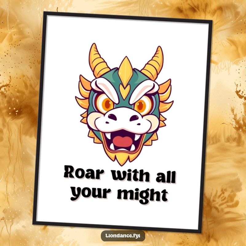 Funny poster art of a cute dragon mask with glowing eyes roaring playfully, adding fierce and humorous fantasy vibes to decor.