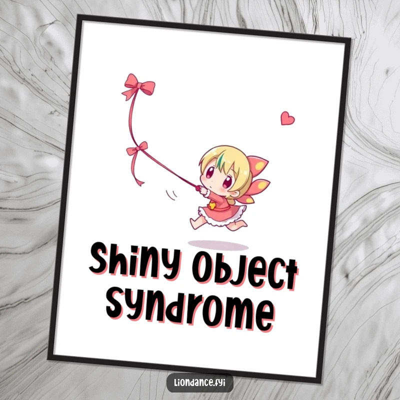 Funny poster art of a character playfully chasing a dangling ribbon, capturing a joyful and whimsical moment.