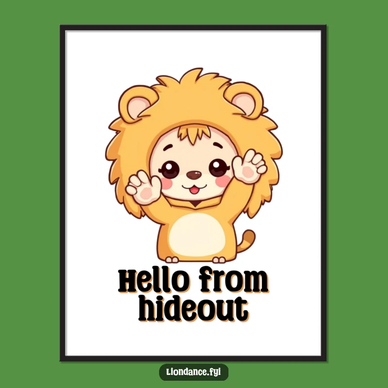 Funny Lion Costume Poster: Peek-a-Boo Art, Character Waving Enthusiastically, Humorous Decor