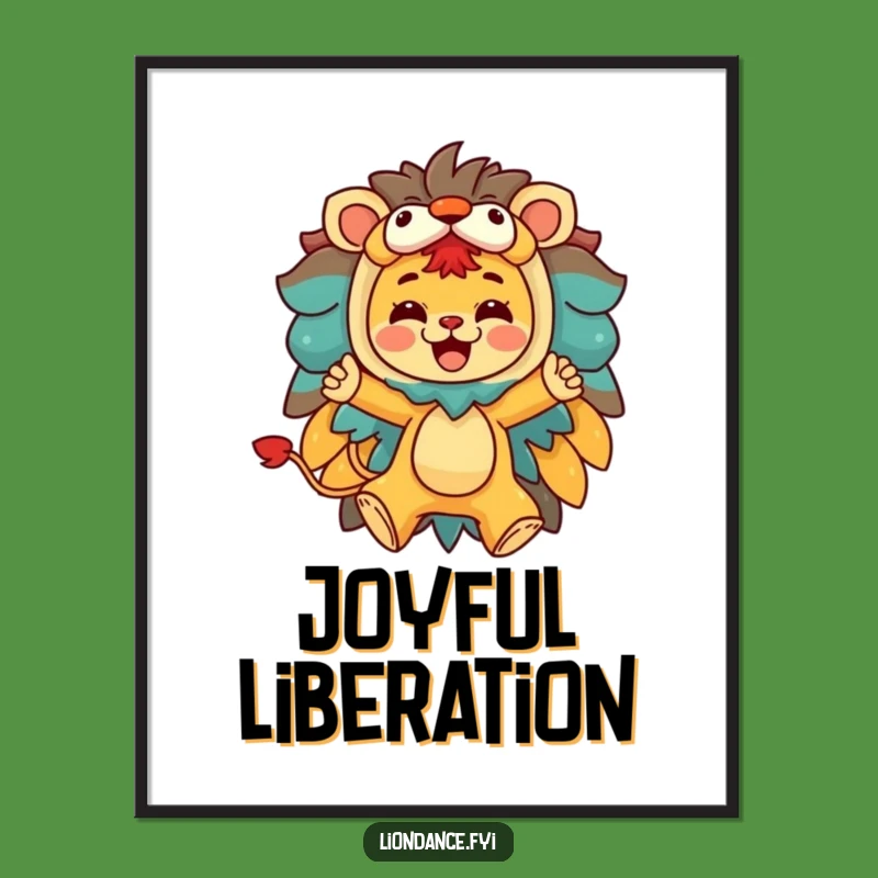 Funny Lion Costume Leap Poster: Character Art, Joyful Wall Decor Gift