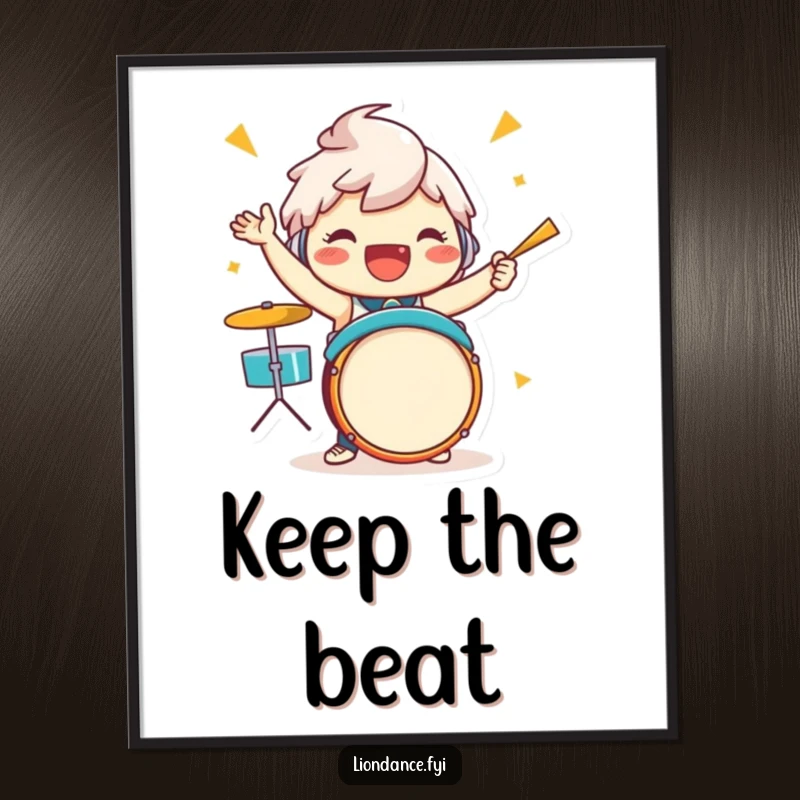 Funny drummer character poster capturing a jubilant figure mid-beat, enthusiastically playing drums with passion and infectious energy.