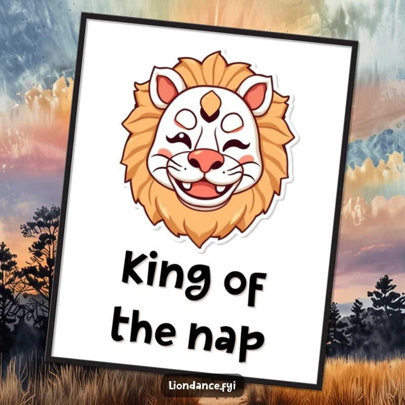 Funny poster art of a cheerful lion mask character winking with a wide smile, perfect for adding playful charm.